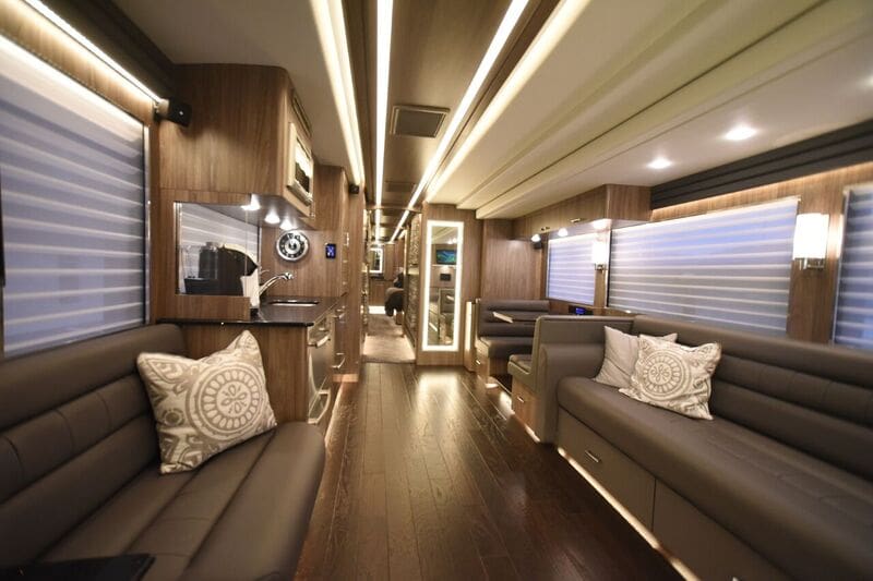 Front Lounge in custom celebrity motor coaches.